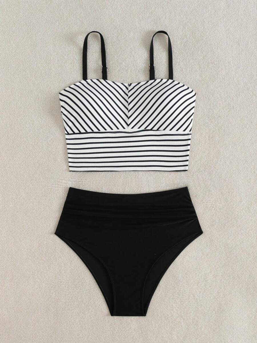 Swim Vcay Women Striped Spaghetti Strap Color Block Tankini Swimwear Set, Summer Beach Vacation