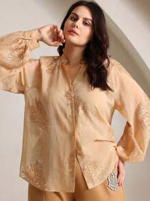 Anewsta 大码女式刺绣亮片装饰深 V 领长袖优雅办公室衬衫，春季服装 - 卡其色 - 查看 7