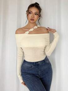 SHEIN Privé New Elegant & Simple Apricot Open Shoulder 3D Floral Decor Waist Loose Long Sleeve Sweater - Apricot - View 5