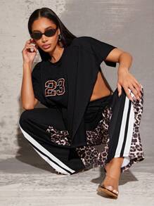 Vixey Leopard Number Patch Casual Self Tie Solid Jersey Poncho Shirt, Streetwear For Women, Casual Outfits, Leopard Print, Summer Tops - Black - View 3