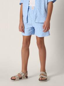SUMWON Girls Summer Broderie Anglaise Set Two-Piece Boxy Button-Up Shirt Shorts Matching Outfit Beach Vacation Resort Wear Weekend Casual Spring - Blue - View 4