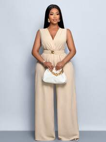 SOLERSUN 杏色性感 V 领无袖系带收腰连体裤，腰带金属扣可打开，通勤、优雅、约会、正式场合、大码新款女装