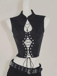 SHEIN ICON Women's Sleeveless Denim Tie-Front Crop Top, Y2k Clothes Women - Grey - View 8