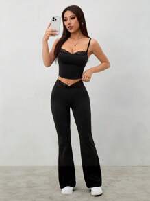 SHEIN PETITE Bộ đồ hai mảnh bó ren đen mùa hè + quần ống loe cho nữ - màu đen - Xem 8