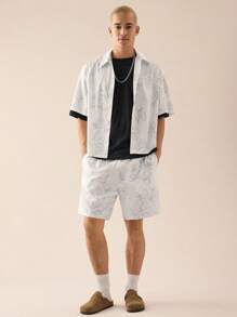 SWAVVY Men Woven Casual Young Daily Loose Short Sleeve Shirt And Elastic Waist Straight Leg Shorts Set, 2pcs - Light Grey - View 1