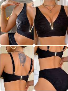 Swim DD+ Women's Sexy Deep V-Neck High Waist Textured Bikini Set Top & Bottom , For Holiday, Summer Beach Vacation - Black - View 8