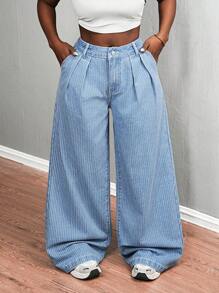 SHEIN Slayr Women's Casual Washed Striped Wide Leg Jeans - Blue - View 4