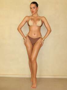 SHEIN Swim Damen Farbblock Patchwork Romantik Urlaub Metall Perlen Dreieck Bikini Set, Sommer Strand Urlaub - Verschiedenfarbig - Übersicht 1