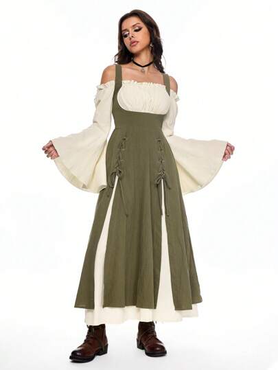 Hippie Women's Vintage Cottagecore Style Contrast Color Patchwork Off Shoulder Tie-Up Flared Sleeve Midi Dress