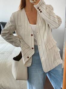 Livesso Vintage Striped Loose Fit V-Neck Lightweight Long Sleeve Women Casual Spring/Summer Jacket Linen,Fall Clothes