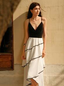 Chiquease Women Velvet Patchwork Contrast Color Tiered Midi Dress