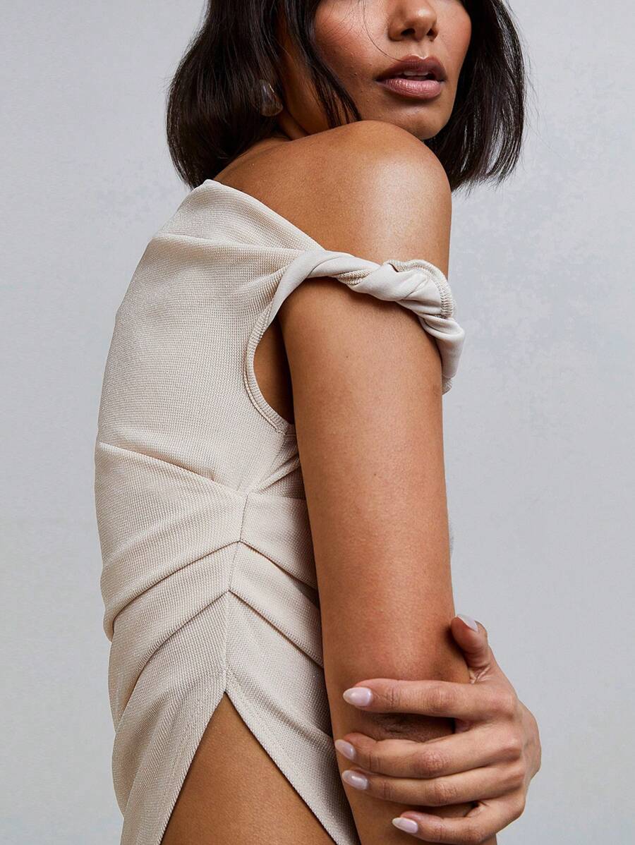 Athîral Blusa informal de unicolor con hombro asimétrico y cuello para mujer - Albaricoque - Ver 1