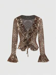 ROMWE Hippie Women Vintage Sheer Ruffled Tie Shirt - Khaki - View 1