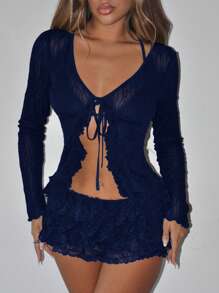 SHEIN ICON 1 套长袖透明前系带开衫和低腰多层蕾丝短裤 - 藏蓝色 - 查看 5