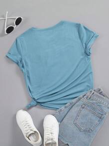 Flirla Plus Size Simple Casual Daily Short Sleeve T-Shirt - Blue - View 2