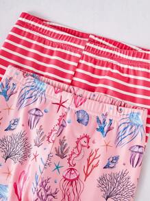 Young Girl Snug Fit Pajamas Set - Short Sleeve Top And Matching Pants. Featuring Cute Designs Of Hippo, Seaweed, Jellyfish, And Starfish In A Pink And Blue Tone. Soft Striped Fabric Material. - Multicolor - View 6