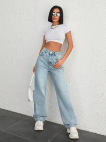 EURMUSE WOMEN HIGH WAIST STRAIGHT SNOW WASH CASUAL BLUE DENIM - Light Wash - View 4