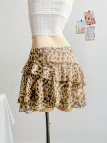 Soleia Women Vintage Leopard Print Layered Ruffle Hem Drawstring Waist Mini Skirt, Vacation Style