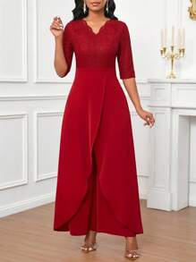 SHEIN Lady 四季生日婚礼婚宴优雅浪漫休闲度假服装女士夏季服装女士红色蕾丝拼接不对称荷叶边下摆设计连体裤女式连体裤 - 紅色 - 查看 8