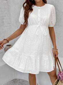 SHEIN Maternity Solid Color Embroidered Button Design Short Puff Sleeve Dress Cute Dresses For Women Summer Dresses For Woman Casual Dresses For Women White Dresses For Women Women Mini Dresses Summer Dresses For Women