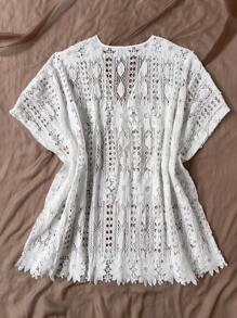 Flirla Plus Size Boho V-Neck Flare Sleeve Hollow Out Knitted Casual Elegant Retro Top, For Summer - White - View 2