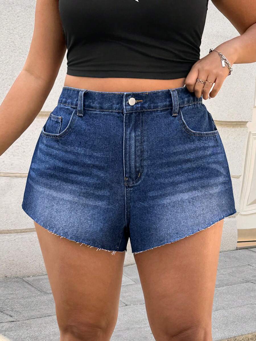 SHEIN EZwear سراويل جينز فضفاضة لحجم كبير للنساء مع جيوب وحاشية باهتة - أزرق داكن - مشاهدة 1