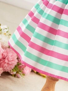 Fern Glow  Baby Girl Summer Colorblock Striped Ruffle Hem Bow Decor Dress - Multicolor - View 3