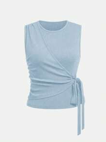 GlowEve Women's Casual Solid Color Tie-Waist Wrap Top And Pants 2 Pieces Set - Baby Blue - View 5