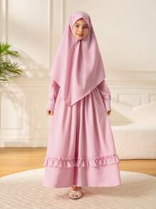 Tween Girl Ruffle Hem Dress & Headband Set, Pink - Pink - View 1