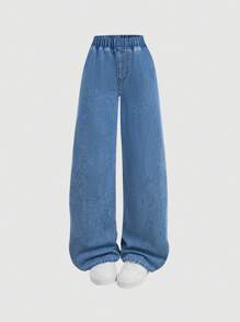SHEIN Jeans casuales versátiles de cintura elástica y pierna ancha para adolescentes
