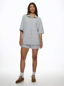 MISSGUIDED Striped Terry Cloth Button Down Oversized Short Sleeve Summer Beach Cover Up Resort Lounge Shirt Towelling Blouse - Blue - View 5