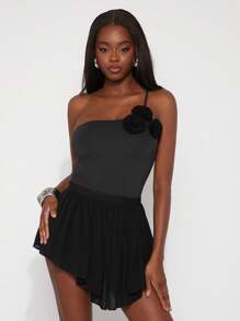 SHEIN Unity Conjunto de body con detalles de flores primaverales, de un solo hombro, atrevido, para festivales de verano, vacaciones, oficina, sirena, estilo colegial, atuendos casuales para mujer