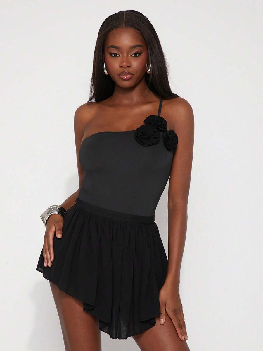 SHEIN Unity Black Seductive One Shoulder Bodysuit With Flower Detail,Summer Party Night Festival Outfits,Cheeky Office Siren Preppy Casualwear For Women,NYE - Black - View 1