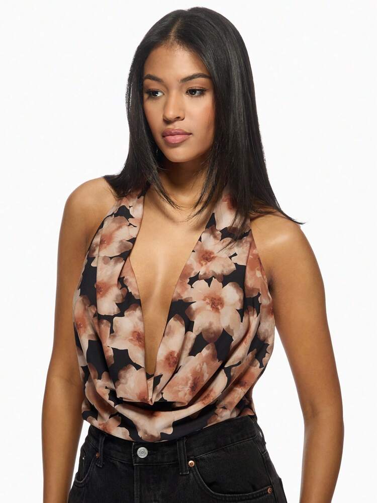 MISSGUIDED Elegant Floral Cowl Neck Halter Top Draped Evening Party Club Night Out Summer Sleeveless Fashion Blouse