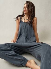 Bohemela 大码纯色针织宽松连体裤，简约时尚休闲日常穿着 - 灰色 - 查看 4