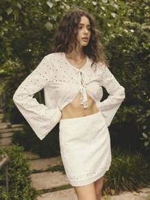 Aralina Boho Summer Eyelet Lace High Waist Vacation Mini Skirt - White - View 4