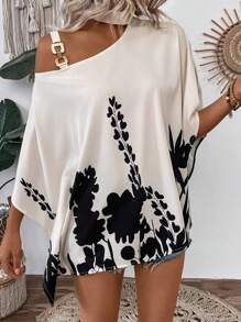 Breezaya Women's Holiday Chain Asymmetric Neck Print Shirt (Flower Pattern Random Cut) - Apricot - View 5