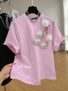 SHEIN EZwear 女士 3D 花卉水晶装饰圆领短袖 T 恤 - 粉色 - 查看 1