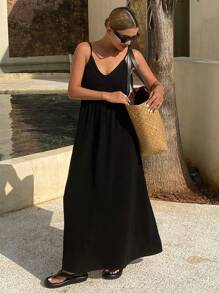 Livesso 女士串珠纯色吊带露背连衣裙，休闲度假风春夏连衣裙 - 黑色 - 查看 4