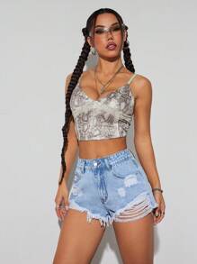 SHEIN Tall Frayed Distressed Washed Women's Denim Shorts - Light Wash - View 6