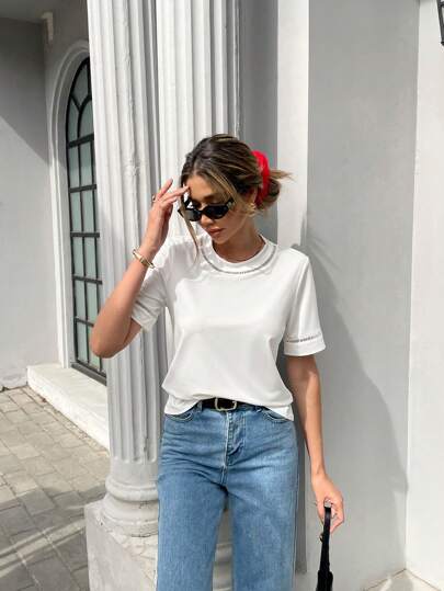 Chiquease Elegant Summer White Patchwork Cutout Embroidered Lace Hem Fitted Short Sleeve T-Shirt, Comfortable Commute Casual Party Wear