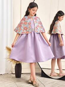 SHEIN Leap Crew Tween Girl Fit Elegant Casual Jacquard Small Stand Collar Waistcoat Dress & Cape Two-Piece Set - Purple - View 5