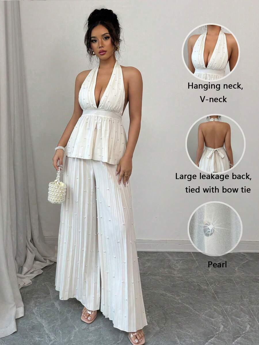 Elenzga 2pcs Women Tie-Back Simple Top And Long Pants Set - Apricot - View 1