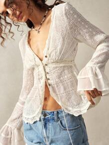 Bohemela Women's Solid Color Woven V-Neck Flared Sleeve Fitted Ruffle Trim Blouse - Beige - View 4