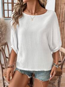 Easowa Women's Casual Solid Color Raglan Sleeve Batwing Sleeve Basic 3/4 Sleeve Shirt, Spring & Summer Cute Tops Summer Tops Crop Tops Shirts Women Vacation Outfits Women Going Out Tops Beach Outfits For Woman - White - View 10