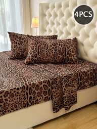 4pcs 100%Polyester Leopard Print Bedding Set (2 Pillowcases+1 Flat Sheet+1 Fitted Sheet),Modern Polyester Bedding Set For All Season
