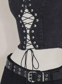 SHEIN ICON Women's Sleeveless Denim Tie-Front Crop Top, Y2k Clothes Women - Grey - View 3