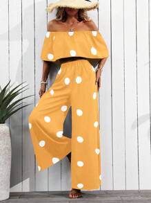 SHEIN Clasi 2pcs/Set Off-The-Shoulder Polka Dot Print Cropped Top And Wide-Leg Pants - Yellow - View 4