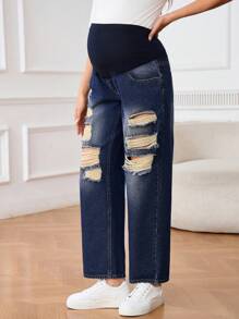 SHEIN Mulheres grávidas simples cor sólida retalhos bolso desgastado jeans casual - Lavagem escura - Ver 4
