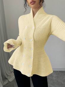 Elenzga Elegant Waist-Cinched Double-Breasted Ribbed Peplum Cardigan - Yellow - View 1